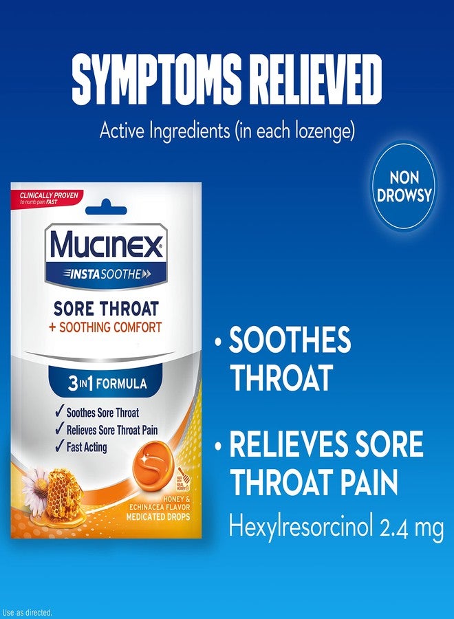 Mucinex InstaSoothe Sore Throat + Soothing Comfort Honey & Echinacea Flavor, Fast Acting, Powerful Sore Throat Oral Pain Reliever, 40 Medicated Drops (Pack of 2) - Image 3