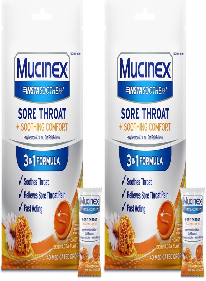 Mucinex InstaSoothe Sore Throat + Soothing Comfort Honey & Echinacea Flavor, Fast Acting, Powerful Sore Throat Oral Pain Reliever, 40 Medicated Drops (Pack of 2) - Image 1