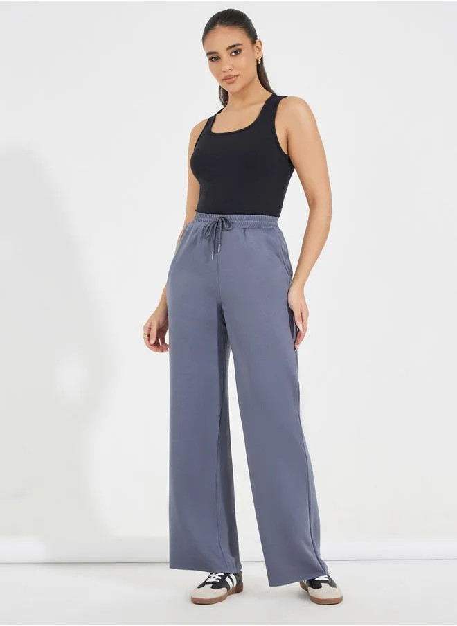 Styli Solid Wide Leg Joggers with Drawstring Waistband