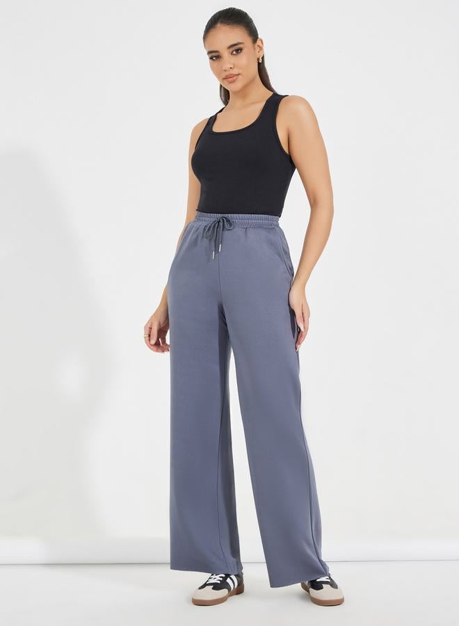 Styli Solid Wide Leg Joggers with Drawstring Waistband  - Image 1