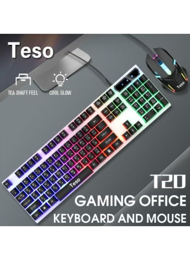 تيسو طقم لوحة مفاتيح وماوس سلكي للألعاب والمكتب Teso T20 – ملمس ميكانيكي، إضاءة RGB، تصميم مقاوم للماء، توصيل وتشغيل سريع - Image 2