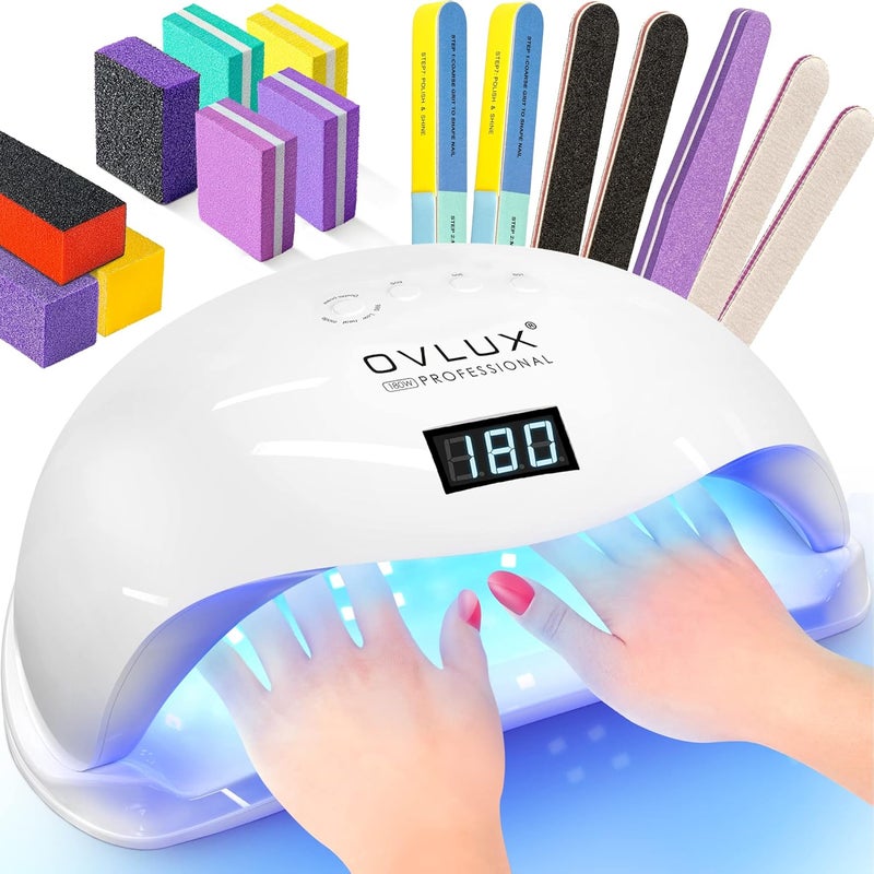 OVLUX مصباح أظافر UV LED 180 واط - آلة تجفيف الأظافر الاحترافية - أفضل مصباح أظافر UV LED للأظافر الطبيعية وأظافر القدم - ضوء تجفيف الأظافر مع 57 مصباح LED و 4 إعدادات للوقت