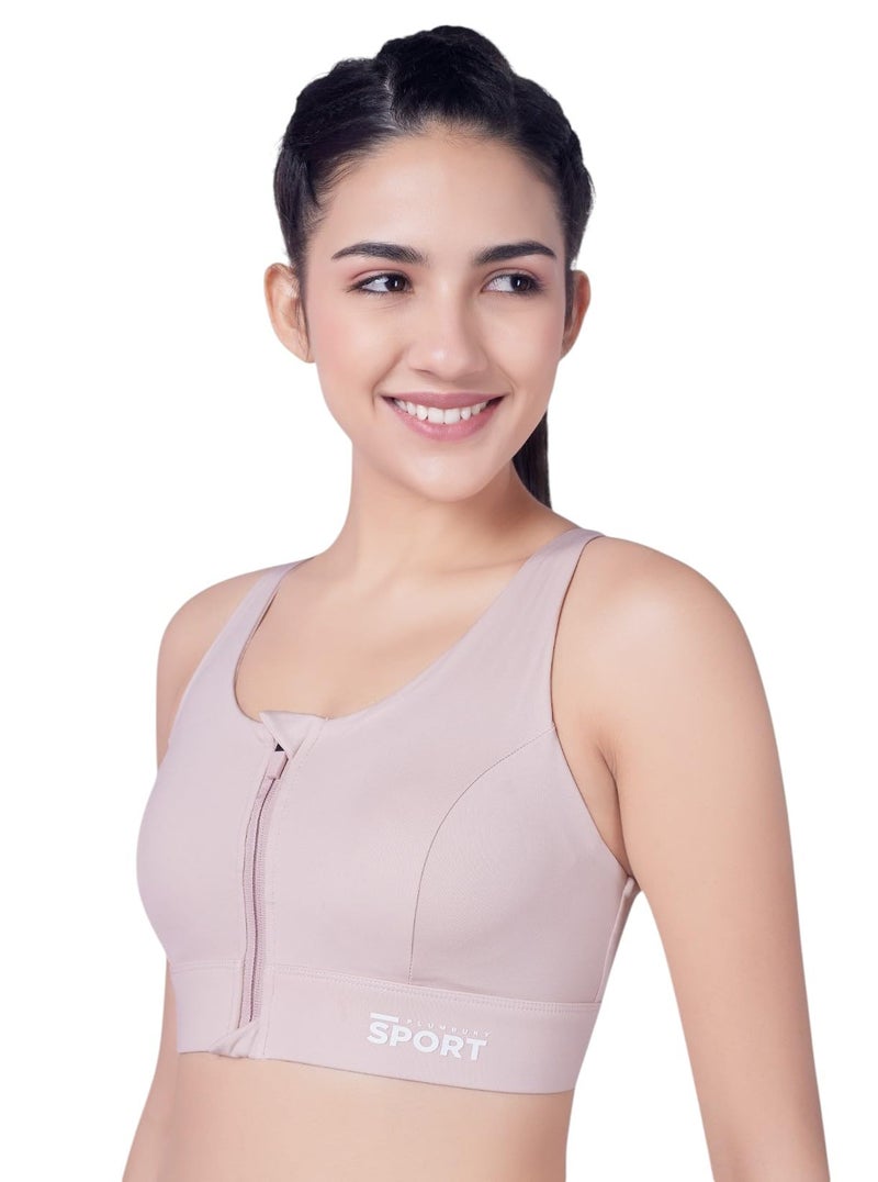 PLUMBURY Women High Support Front Zip Lightly Padded Sports Bra for Gym|Yoga|Running|Workout, Beige, Size M - Image 1