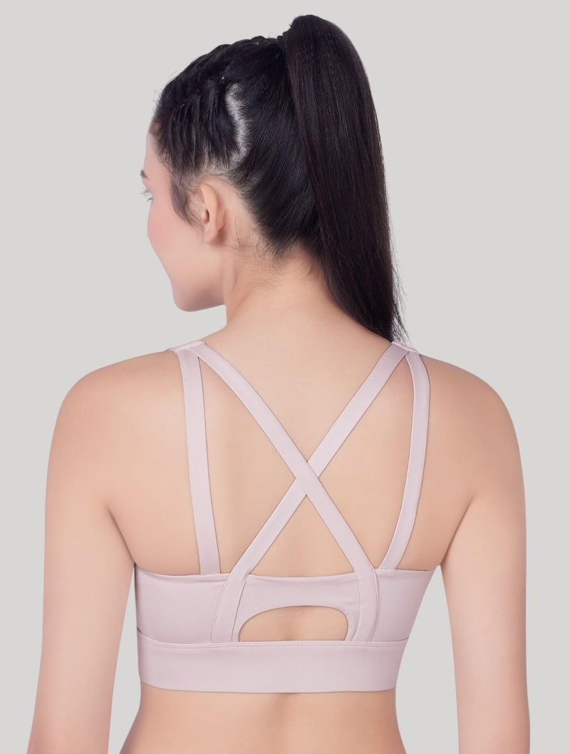 PLUMBURY Women High Support Front Zip Lightly Padded Sports Bra for Gym|Yoga|Running|Workout, Beige, Size M - Image 3