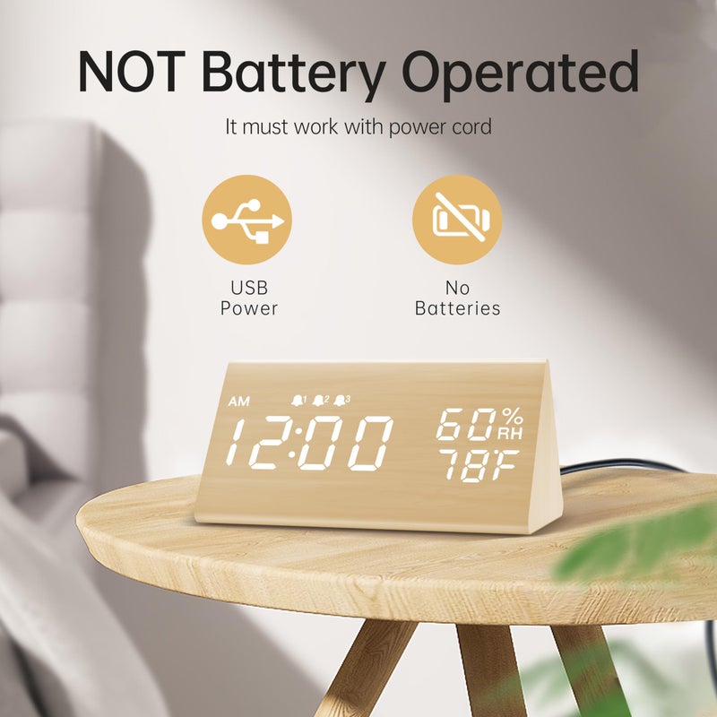 JALL Digital Alarm Clock, with Wooden Electronic LED Time Display, 3 Alarm Settings, Humidity & Temperature Detect, Wood Made Electric Clocks for Bedroom, Bedside (Yellow) - Image 2