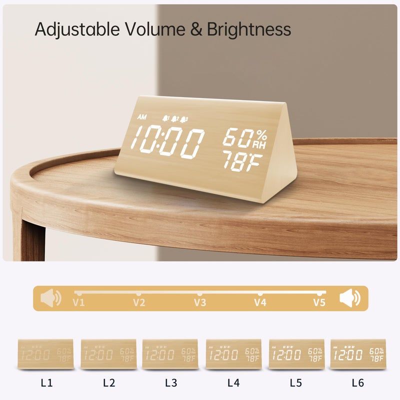 JALL Digital Alarm Clock, with Wooden Electronic LED Time Display, 3 Alarm Settings, Humidity & Temperature Detect, Wood Made Electric Clocks for Bedroom, Bedside (Yellow) - Image 4