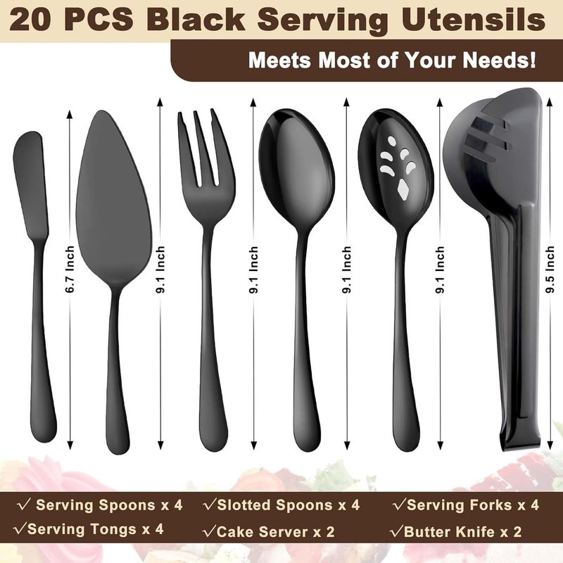 BEWOS Black 20-Piece Serving Set, Black Slotted Spoons & Tongs, Forks, Cake Server & Butter Knife, Stainless Steel, Dishwasher Safe - Image 2