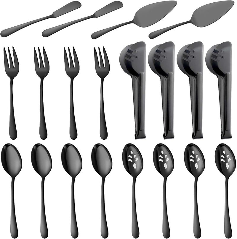 BEWOS Black 20-Piece Serving Set, Black Slotted Spoons & Tongs, Forks, Cake Server & Butter Knife, Stainless Steel, Dishwasher Safe - Image 1