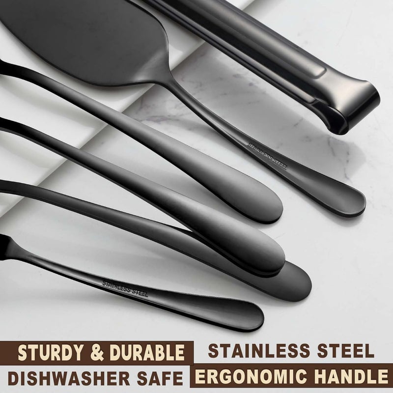 BEWOS Black 20-Piece Serving Set, Black Slotted Spoons & Tongs, Forks, Cake Server & Butter Knife, Stainless Steel, Dishwasher Safe - Image 4