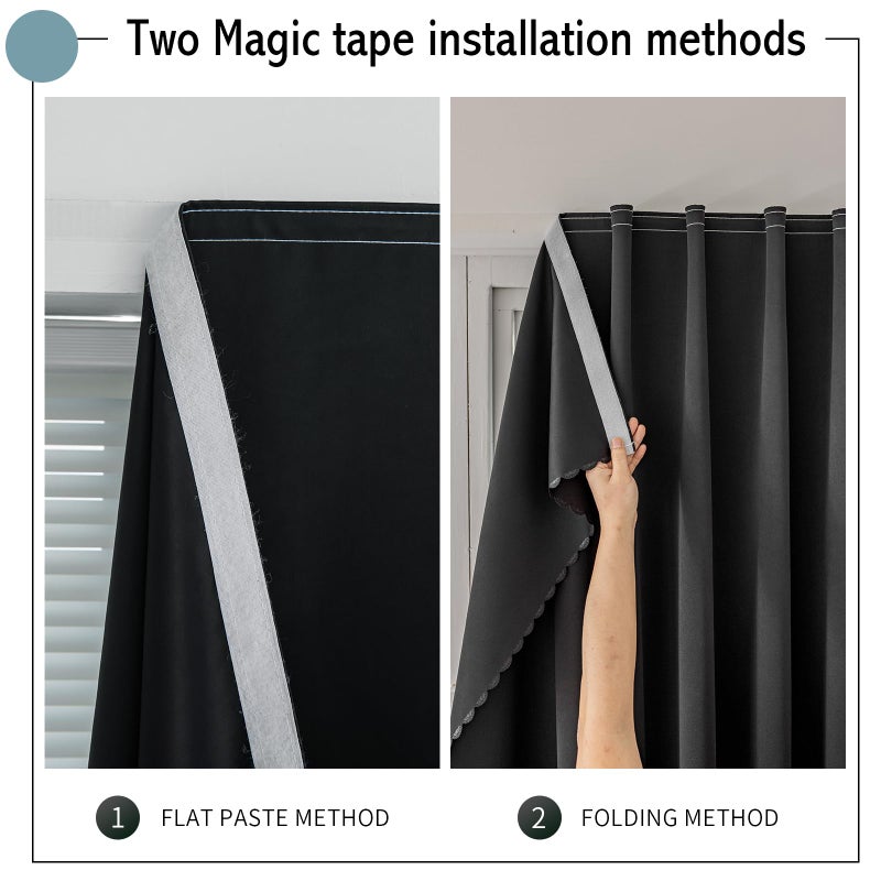 Jilron Jilron Magic Tape Stick on Curtains Blackout Curtains for Bedroom no Drillng Self Adhesive Curtain no Rod Small Window (Black  59"" W x 79"" L) 2 Panels  - Image 3