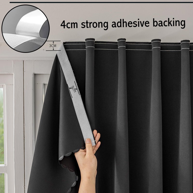 Jilron Jilron Magic Tape Stick on Curtains Blackout Curtains for Bedroom no Drillng Self Adhesive Curtain no Rod Small Window (Black  59"" W x 79"" L) 2 Panels  - Image 4