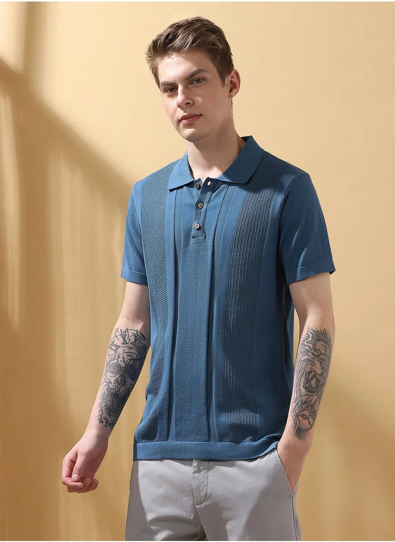 دينيس لينغو Regular Fit Steller 100% Cotton Textured Polo Neck Half Sleeve T-Shirts For Men