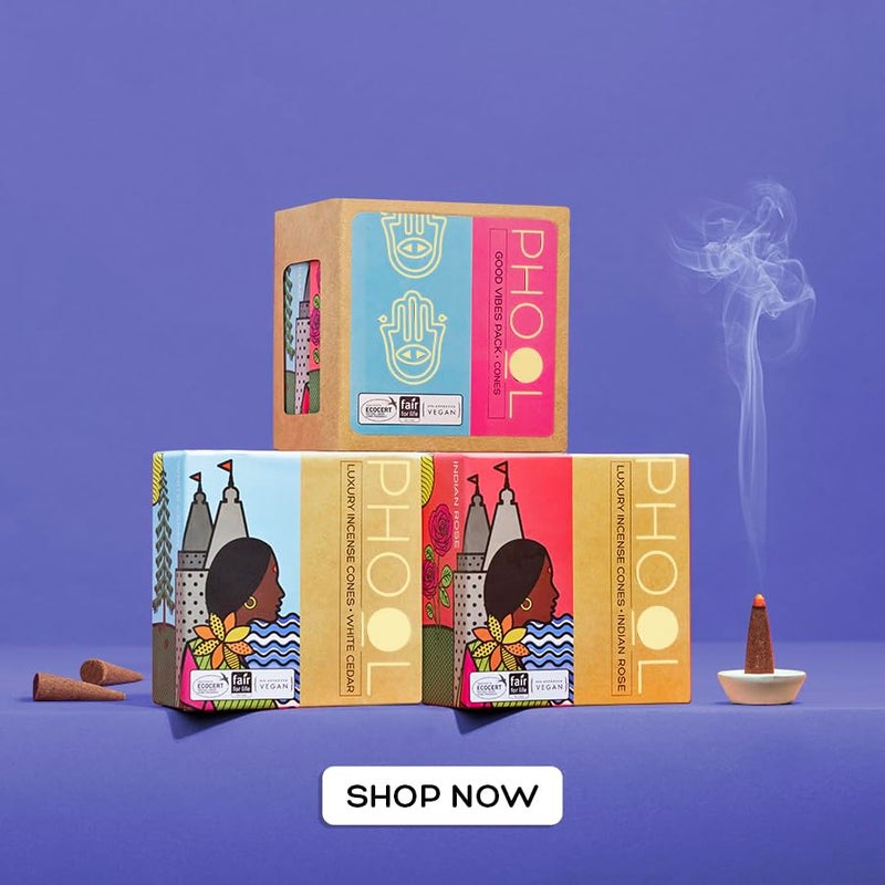 PHOOL LUXURY INCENSE فول لوكسوري بخور باكج 80 مخروط دهووب طبيعي | الورد الهندي والأرز الأبيض | باكج خاص من 80 مخروط دهووب للبووجا - 500 جرام | خالي من الكبريت والفحم - Image 5