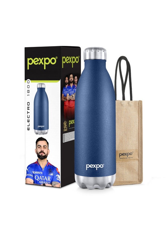 PEXPO Electro 1800 Pro ISI Certified Stainless Steel Water Bottle 1750ml Hot & Cold Thermos Water Bottle | Vaccum Insulated Water Bottle with Jute Bag | Travel | Adults | RCB Edition - Denim Blue - Image 1