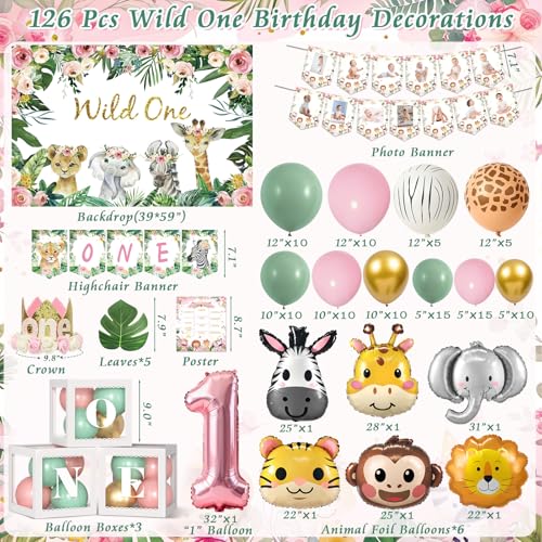 SNLN Wild One Birthday Decorations Jungle Theme 1st First Birthday Decorations Girl Jungle Safari Animal Foil Balloons Backdrop Crown Banner Number 1 Balloon Pink Sage Green Balloon Arch Poster Leaves - Image 5