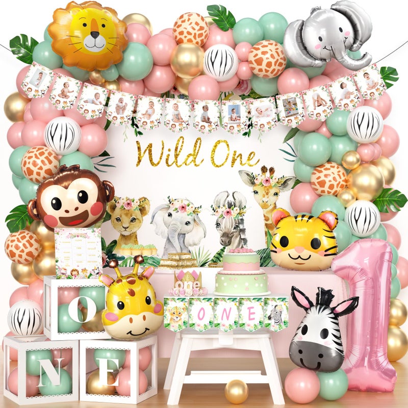 SNLN Wild One Birthday Decorations Jungle Theme 1st First Birthday Decorations Girl Jungle Safari Animal Foil Balloons Backdrop Crown Banner Number 1 Balloon Pink Sage Green Balloon Arch Poster Leaves - Image 3