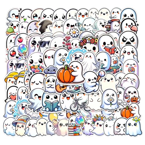 Auconda 100 PCS Halloween Ghost Theme Vinyl Stickers Cute Ghost Decorative Stickers for Parties Suitable for Children Teens and Adults Ideal for Water Bottles Laptops and Cups - Image 1