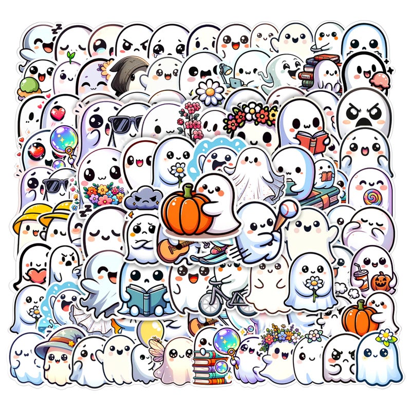 Auconda 100 PCS Halloween Ghost Theme Vinyl Stickers Cute Ghost Decorative Stickers for Parties Suitable for Children Teens and Adults Ideal for Water Bottles Laptops and Cups - Image 2