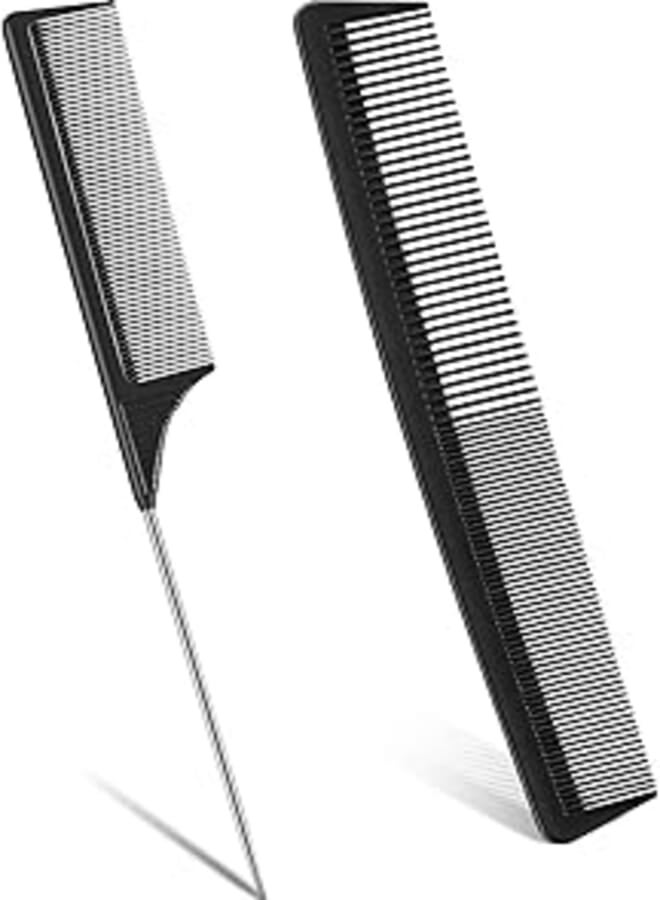 2 Pieces Black Cutting Combs Fine Tooth Combs Pin Tail Combs Carbon Fiber Combs Anti-static Rat Tail Combs Hair Styling Combs Sectioning Combs Set for Thick, Long, Wet or Curly Hair