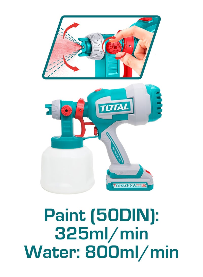TOTAL 20V Cordless Paint Spray Gun (1000ml) - 800ml/min High-Volume Power Sprayer with Adjustable Amplitude, 2.0Ah Battery, Fast Charger & 2 Copper Nozzles - TSGLI20042 - Image 5
