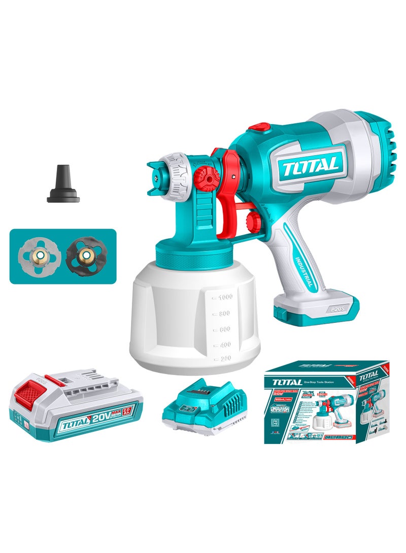 TOTAL 20V Cordless Paint Spray Gun (1000ml) - 800ml/min High-Volume Power Sprayer with Adjustable Amplitude, 2.0Ah Battery, Fast Charger & 2 Copper Nozzles - TSGLI20042 - Image 1