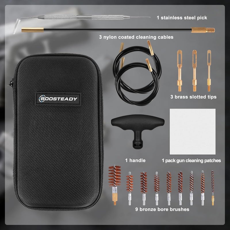 BOOSTEADY Gun Cleaning Kit .17 .22/.223/5.56MM .243 .280 .30 .357/9MM .40 .45 12GA Multi-Caliber Phosphor Bristle Bore Brushes with Flexible Threaded Bore Cleaning Coated Cables in Zippered Case - Image 2