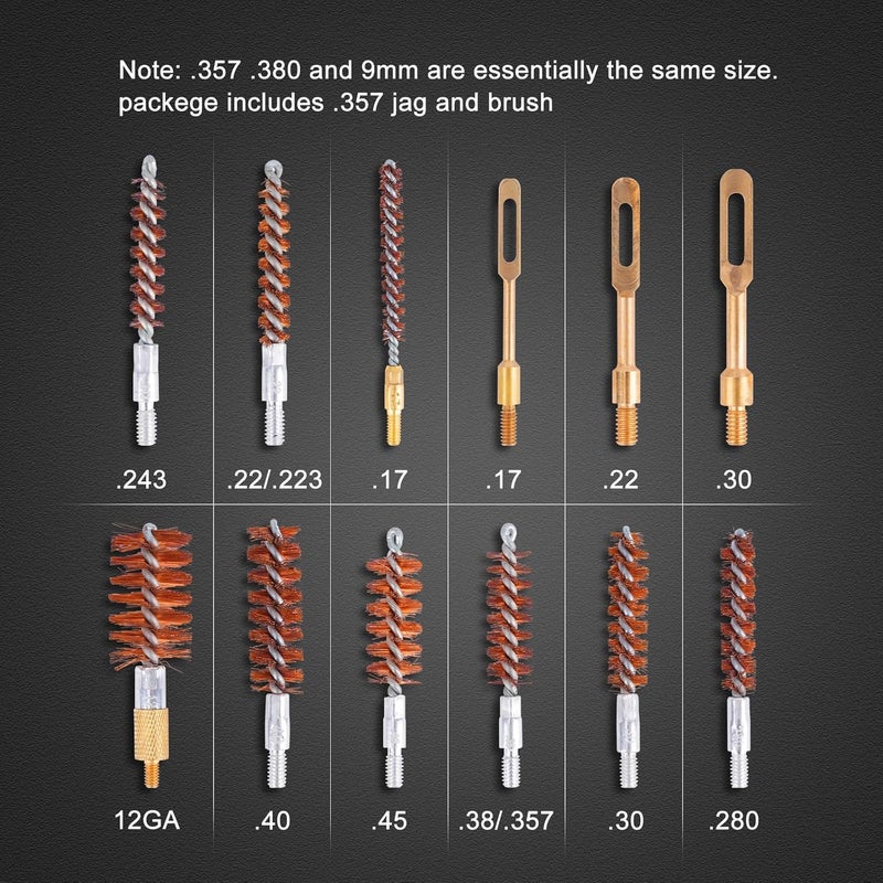 BOOSTEADY Gun Cleaning Kit .17 .22/.223/5.56MM .243 .280 .30 .357/9MM .40 .45 12GA Multi-Caliber Phosphor Bristle Bore Brushes with Flexible Threaded Bore Cleaning Coated Cables in Zippered Case - Image 3