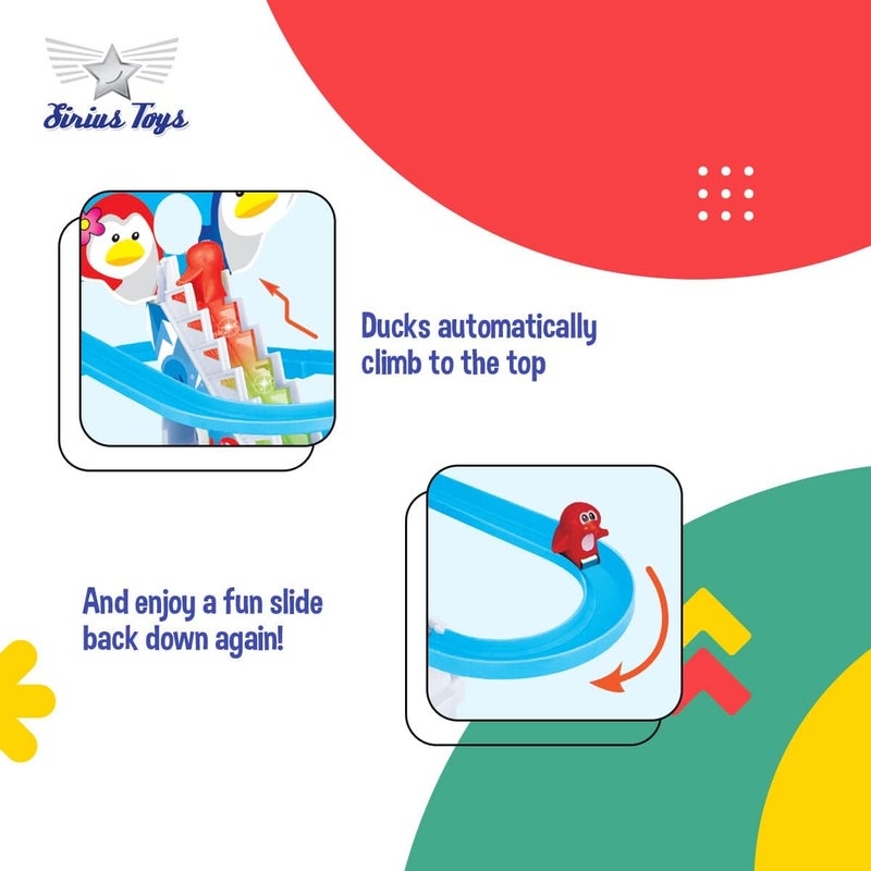 Tec Tavakkal مجموعة ألعاب انزلاق البطاريق، بطاريق كرتونية مضحكة تتسلق السلالم تلقائيًا مجموعة مسار سباق البطاريق الصغيرة الجميلة لعبة انزلاق مع أضواء وموسيقى (مجموعة مسار البطاريق) - Image 3