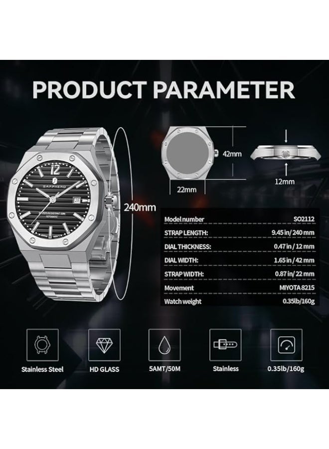 Sapphero Watch Men Automatic Mechanical Watches for Men Date Luxury Analog 50 Meters Waterproof Business Sports Stainless Steel Strap Gifts - Image 5