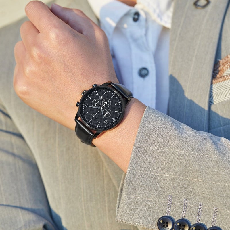 TRNDA STAINLESS STEEL MEN'S WATCH - ELEGANT CHARCOAL BLACK DIAL & LEATHER BAND - Image 2