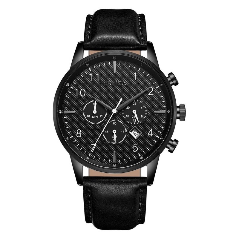 TRNDA STAINLESS STEEL MEN'S WATCH - ELEGANT CHARCOAL BLACK DIAL & LEATHER BAND - Image 1