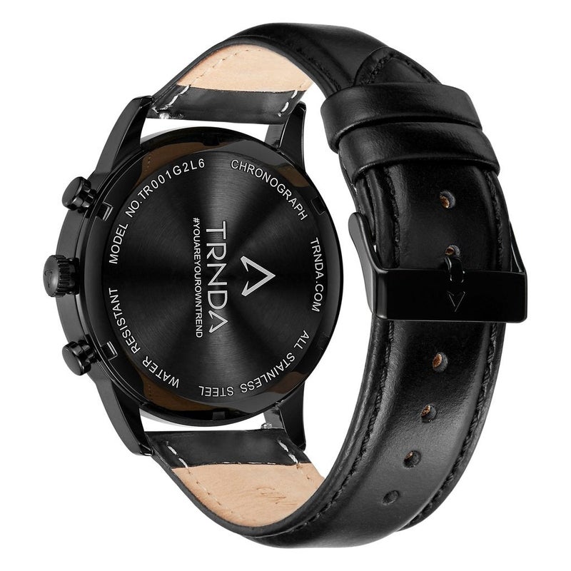 TRNDA STAINLESS STEEL MEN'S WATCH - ELEGANT CHARCOAL BLACK DIAL & LEATHER BAND - Image 4