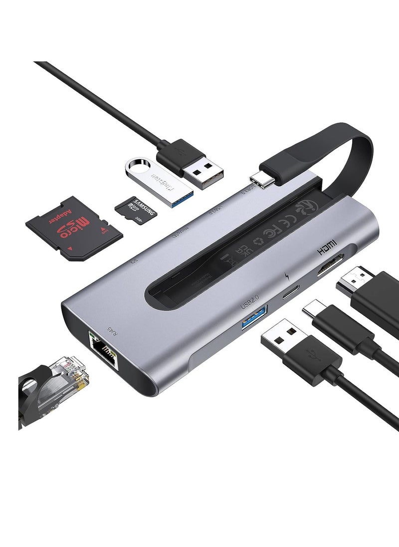 ESR - ESR 8 in 1 Portable Hub USB C Hub with Gigabit Ethernet 30Hz HDMI 100W PD 2 USB 3.0 Ports 1 USB 2.0 Port SD Card Reader Compatible with iPad 10/Pro 11/12.9 MacBook Pro and USB-C Devices - Image 1