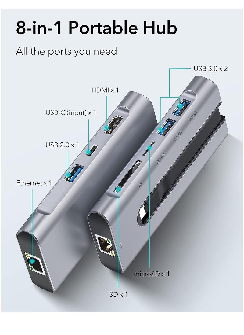 ESR - ESR 8 in 1 Portable Hub USB C Hub with Gigabit Ethernet 30Hz HDMI 100W PD 2 USB 3.0 Ports 1 USB 2.0 Port SD Card Reader Compatible with iPad 10/Pro 11/12.9 MacBook Pro and USB-C Devices - Image 1