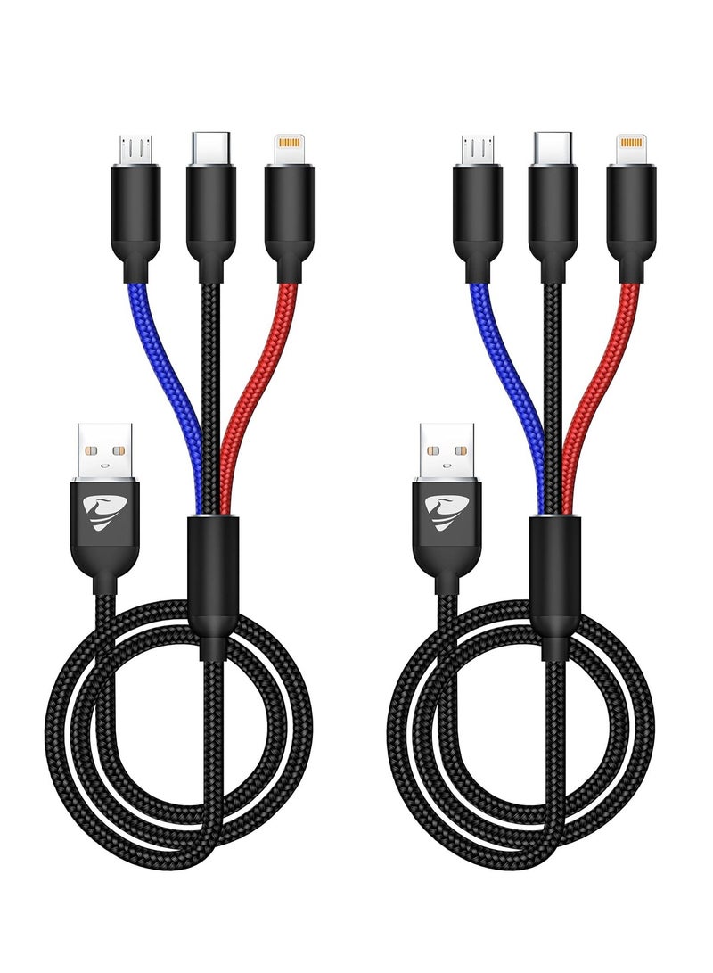 SYOSI Multi Charging Cable, Multi Charger Cable Nylon Braided 3 in 1 Charging Cable Multi USB Cable Fast Charging Cord with Type-C, Micro USB and Lighting Port, Compatible with Most Phones & iPads 2 Packs - Image 1