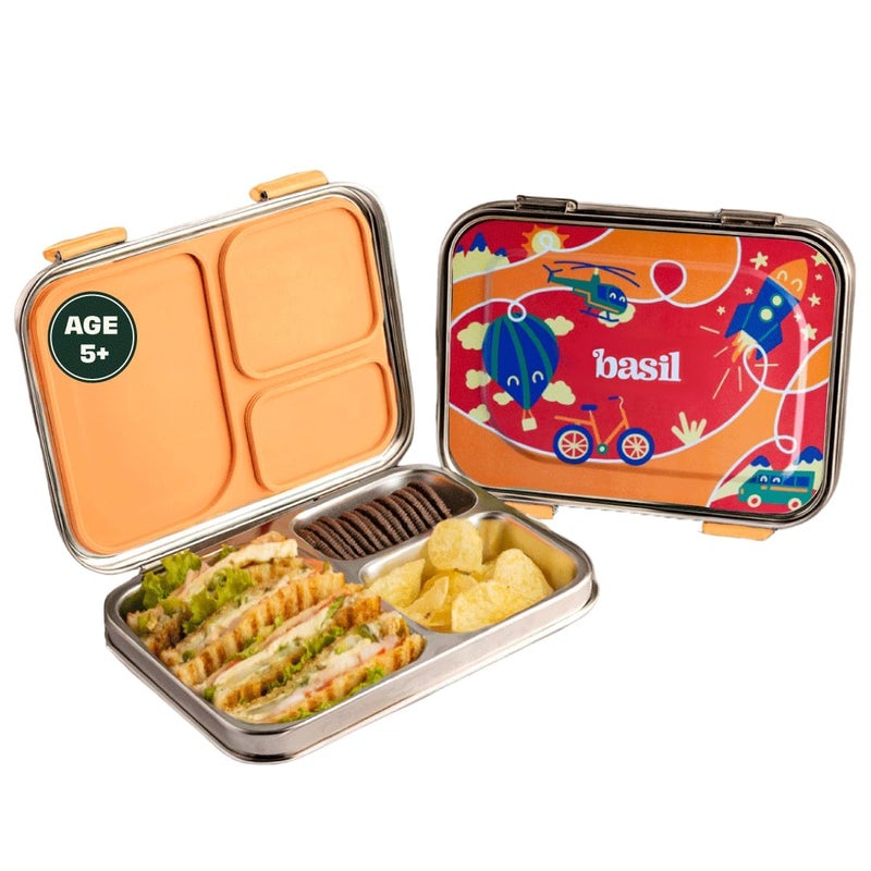 BASIL Bento Box - 3 Compartment Stainless Steel Lunch Box for Kids, 900 ml | Leak Proof Tiffin Box for School - Red Adventure | Cloud Hopper - Image 1