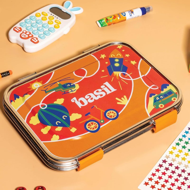 BASIL Bento Box - 3 Compartment Stainless Steel Lunch Box for Kids, 900 ml | Leak Proof Tiffin Box for School - Red Adventure | Cloud Hopper - Image 2