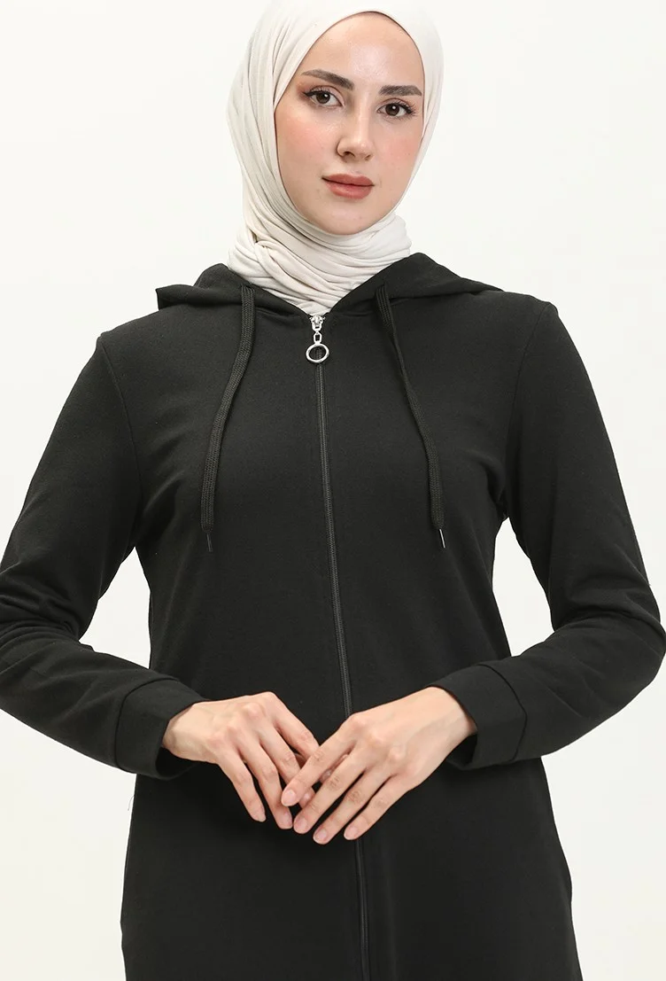 Sefa Merve Hooded Pocket Sport Abaya 3011-07 Black