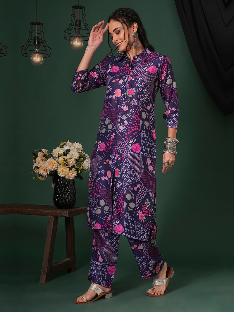 globus Globus Women Abstract Printed Shirt Collar Calf Length Straight Kurta & Pants Fusion Set - Image 2