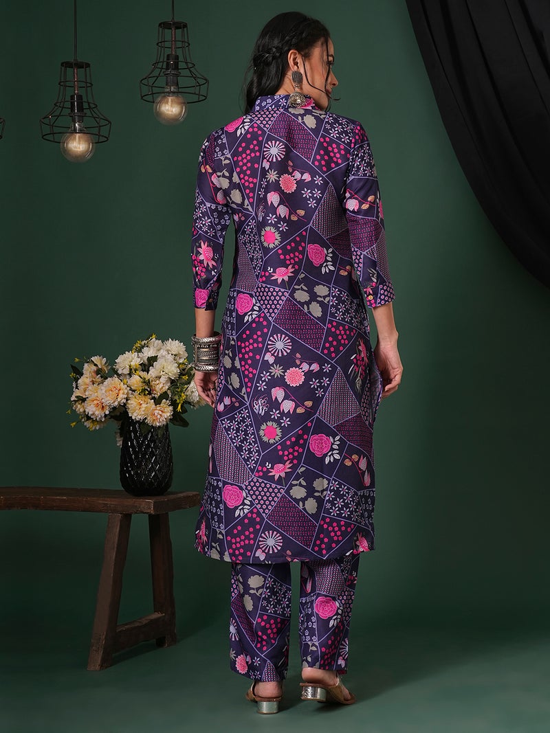 globus Globus Women Abstract Printed Shirt Collar Calf Length Straight Kurta & Pants Fusion Set - Image 3