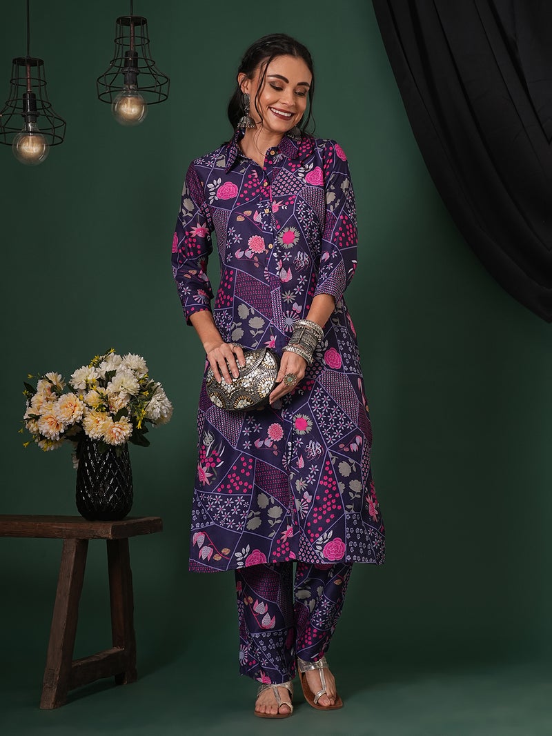 globus Globus Women Abstract Printed Shirt Collar Calf Length Straight Kurta & Pants Fusion Set - Image 1