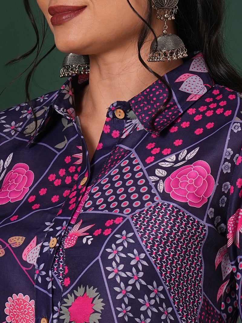 globus Globus Women Abstract Printed Shirt Collar Calf Length Straight Kurta & Pants Fusion Set - Image 4
