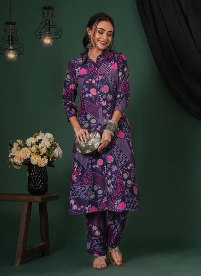 globus Globus Women Abstract Printed Shirt Collar Calf Length Straight Kurta & Pants Fusion Set