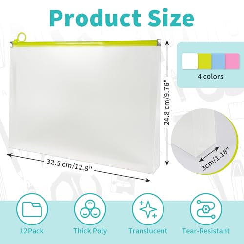 Binditek 12 Pack Clear Plastic Zip Envelopes, Heavy Duty, 9 x 12 Inch Expanding File Pouches, Multicolor Document Holders for Office and School Use - Image 2