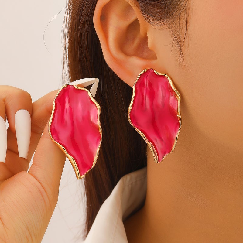 ofeankri French Retro High-End Irregular Pleated Drip Oil Earrings with Enamel Finish, Geometric European Style - Image 2