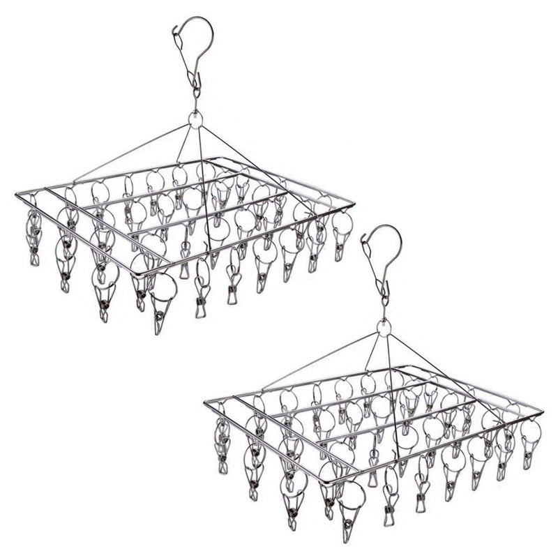 2 Pack Stainless Steel Sock Drying Rack with 72 Clips Swivel WindProof Hook Clothes Hanger Dryer for Sock Underwear Bra Laundry Accessories
