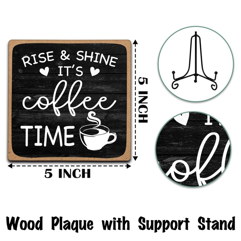 YQV Farmhouse Coffee Bar Sign, Rise & Shine It's Coffee Time, 5"x5" Wood Plaque with Stand Gift for Home Kitchen Tabletop Decor -B09 - Image 2
