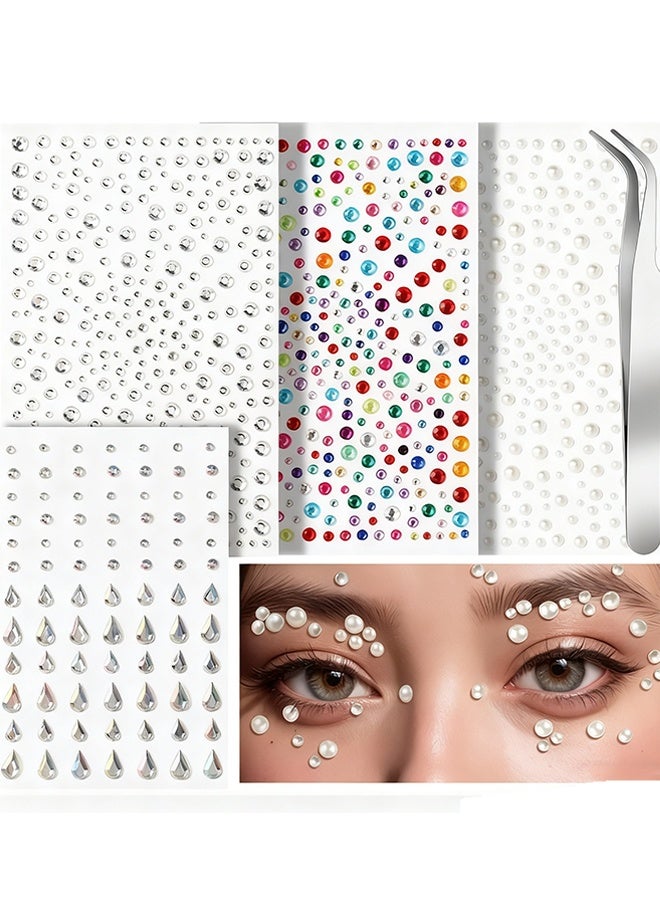 Happy D 4-Sheet Face Gems Self Adhesive Face Rhinestones for Makeup Festival,Pearl Rhinestones Stickers for Face, Hair, Eye - Image 1
