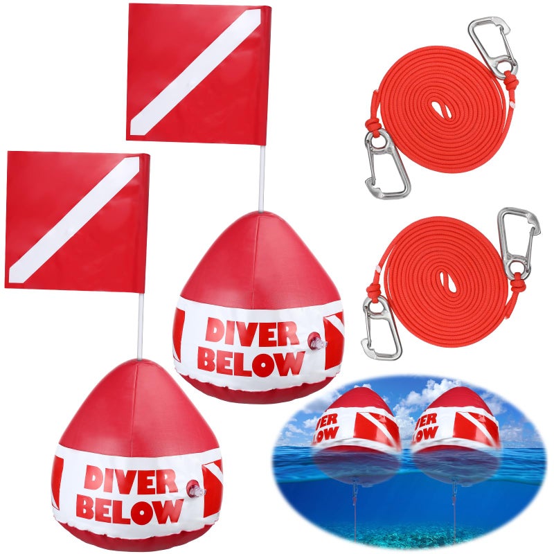 Maitys Heavy Duty PVC Dive Flag Float Freediving Rope Set Inflatable Signal Floater with Dive Flag Freediving Lanyard Leash for Snorkeling Water Sport Signaling Swimming Boating Fishing 1 Set - Image 2
