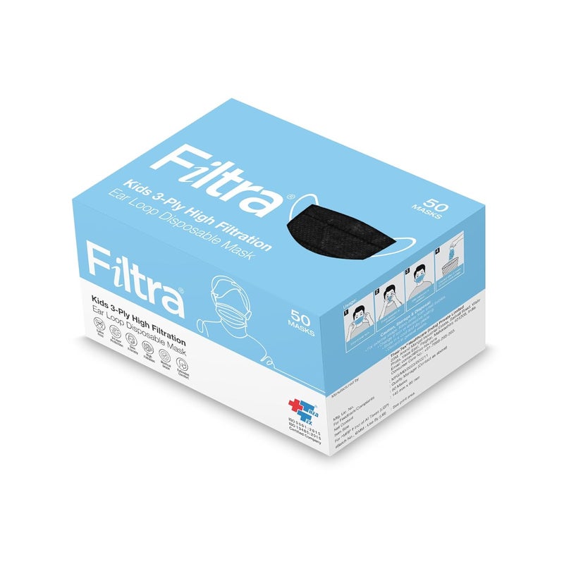 Filtra ® 3-Ply Ear Loop Kids Mask | Ages 3-18 | Kids Mask | Children's Mask | Ladies Mask | High Filtration | New extra tough courier packing | Box of 50 Masks - Image 1